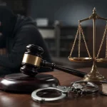 مفهوم مجازات سرقت تعزیری با نمایش چکش قاضی، ترازوی عدالت، دستبند و فردی در حال سرقت در پس‌زمینه دادگاه