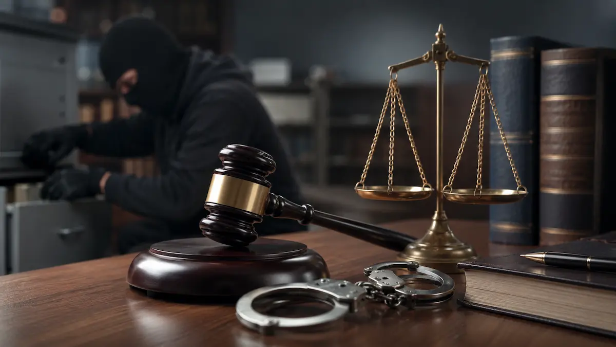 مفهوم مجازات سرقت تعزیری با نمایش چکش قاضی، ترازوی عدالت، دستبند و فردی در حال سرقت در پس‌زمینه دادگاه