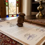 سند قانونی و چکش دادگاه روی ترمه برای بررسی تمکین